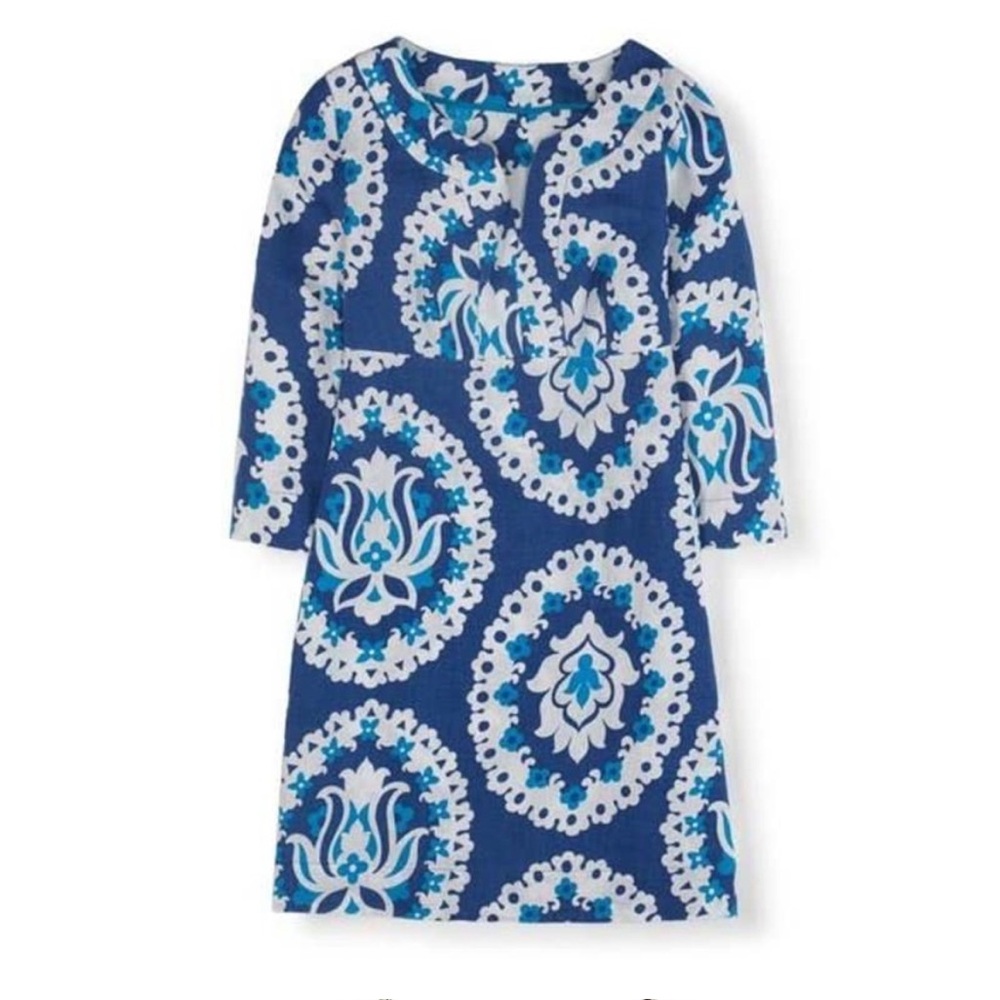 Boden 100% Linen Blue Floral Medallion Print Shift Dress